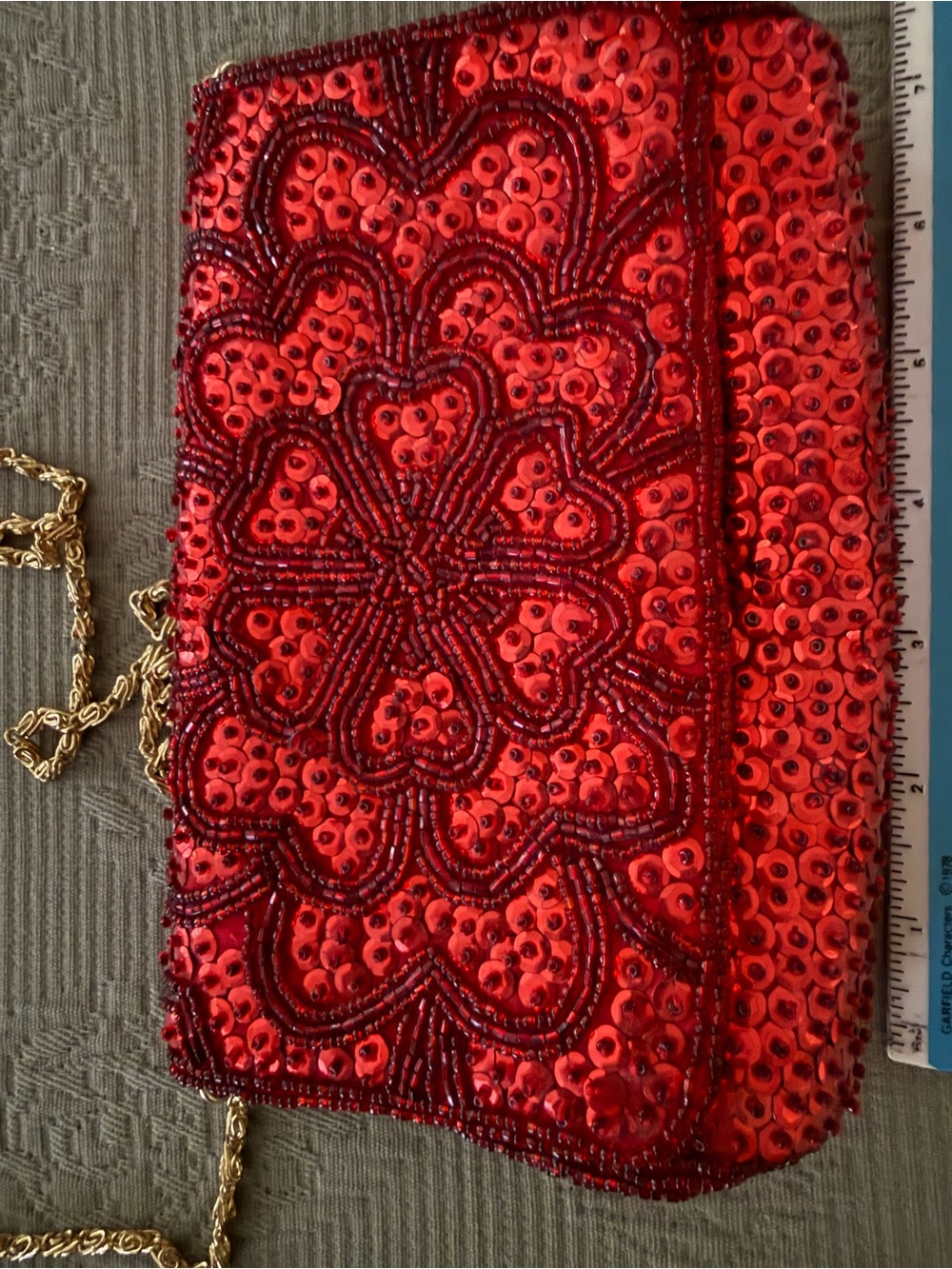 Vintage Red Sequin Floral Evening Clutch with Gold Chain Strap - Picture 4 of 5